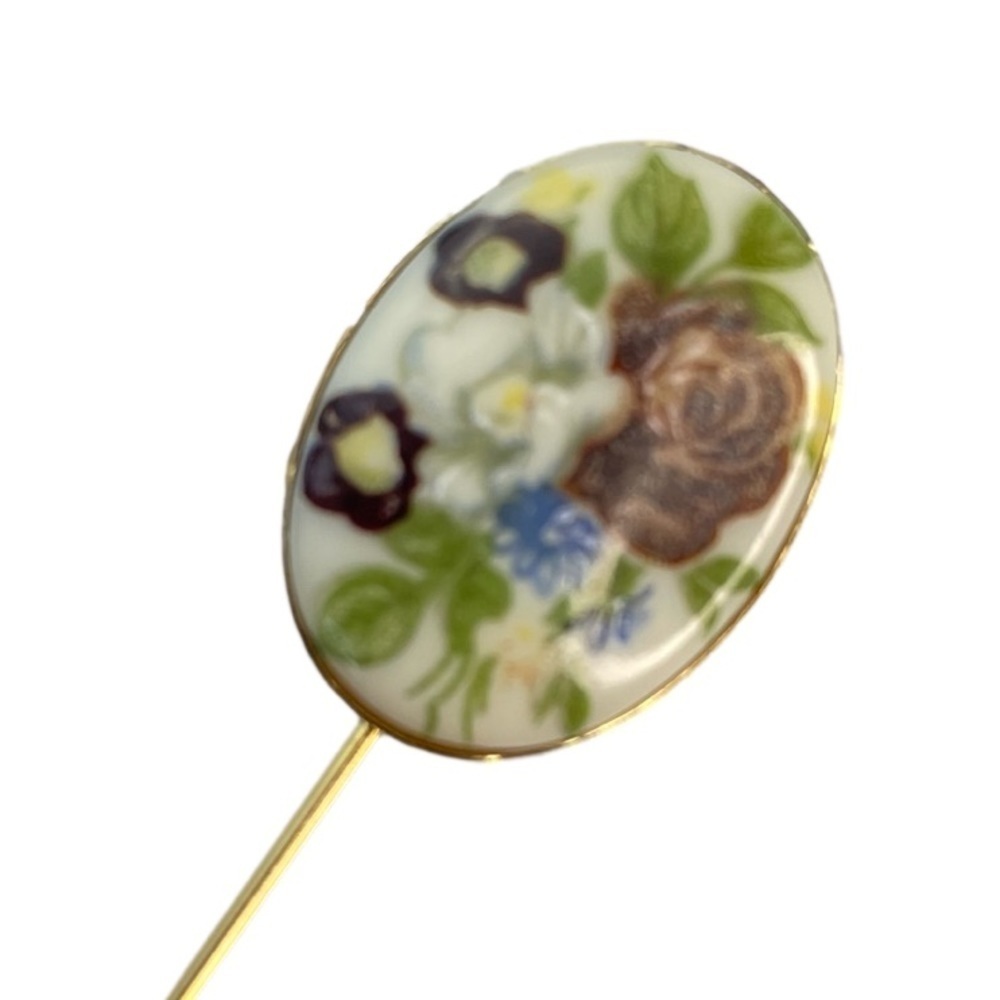 Porcelain Floral Oval Stick Pin